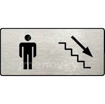 Informační tabulka Stříbrný piktogram "WC MUŽI VPRAVO DOLŮ" s černým&nbsp;textem a rámečkem&nbsp;-