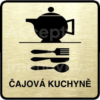 Informační tabulka Zlatý piktogram "čajová kuchyně" s černým&nbsp;textem a rámečkem&nbsp;-