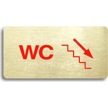 Informační tabulka Zlatý&nbsp;piktogram "WC VPRAVO DOLŮ" s červeným textem bez rámečku&nbsp;-