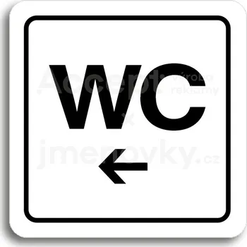 Informační tabulka Bílý piktogram "WC vlevo" s černým textem a rámečkem - 80 x 80 mm