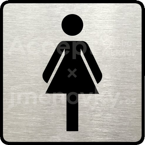 Stříbrný piktogram "WC ženy" s černým textem a rámečkem -