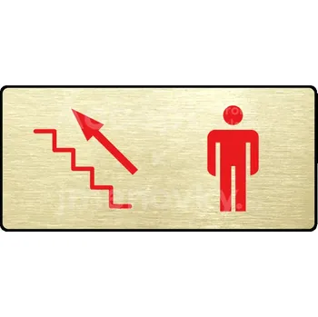 Informační tabulka Zlatý piktogram "WC MUŽI VLEVO NAHORU" s červeným textem a rámečkem -