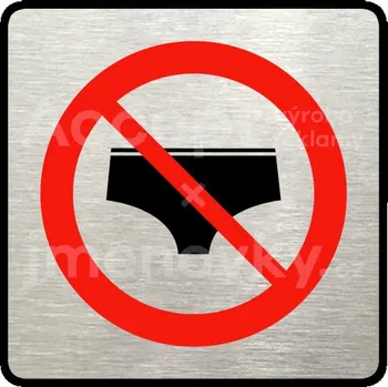 Informační tabulka Stříbrný&nbsp;piktogram "zákaz vstupu v plavkách" s červeným textem a rámečkem&nbsp;-