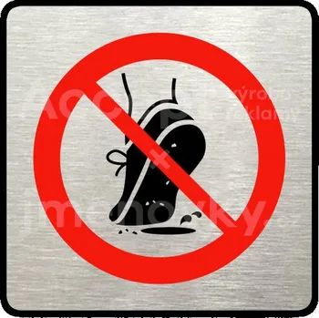 Informační tabulka Stříbrný piktogram "zákaz vstupu se znečištěnou obuví" s červeným textem a rámečkem - 80 x 80 mm