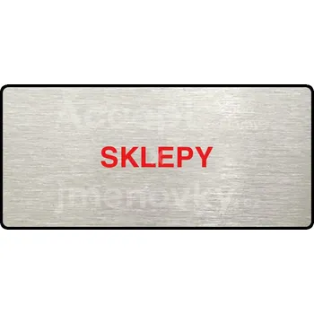 Informační tabulka Stříbrný&nbsp;piktogram "SKLEPY" s červeným textem a rámečkem&nbsp;-