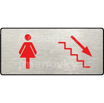 Informační tabulka Stříbrný&nbsp;piktogram "WC ŽENYI VPRAVO DOLŮ" s červeným textem a rámečkem&nbsp;-