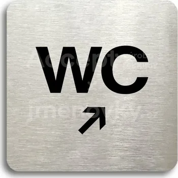 Informační tabulka Stříbrný piktogram "WC vpravo nahoru" s černým textem bez rámečku - 80 x 80 mm