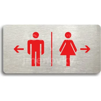 Značení Stříbrný&nbsp;piktogram "WC MUŽI VLEVO, WC ŽENY VPRAVO" s červeným textem bez rámečku&nbsp;-