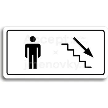 Informační tabulka Bílý piktogram "WC MUŽI VPRAVO DOLŮ" s černým textem a rámečkem&nbsp;-
