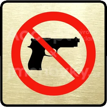 Informační tabulka Zlatý&nbsp;piktogram "zákaz vstupu se zbraní" s červeným textem a rámečkem&nbsp;-