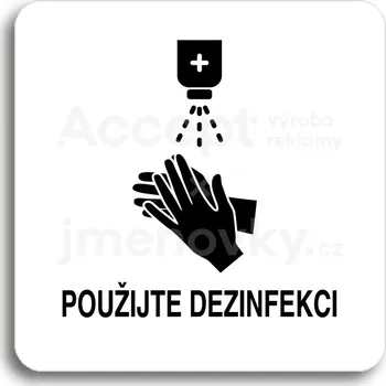 Informační tabulka Bílý piktogram "použijte dezinfekci" s černým textem bez rámečku - 80 x 80 mm