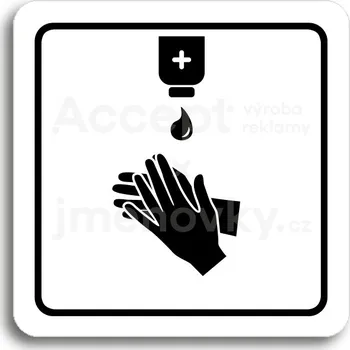 Informační tabulka Bílý piktogram "dezinfekce VIII" s černým textem a rámečkem -