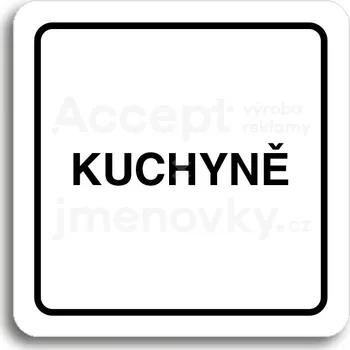 Informační tabulka Bílý piktogram "kuchyně" s černým textem a rámečkem -
