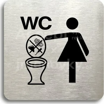 Informační tabulka Stříbrný piktogram "zákaz vhazování předmětů do WC II" s černým&nbsp;textem bez rámečku -