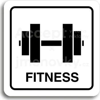 Informační tabulka Bílý piktogram "fitness II" s černým textem a rámečkem&nbsp;-