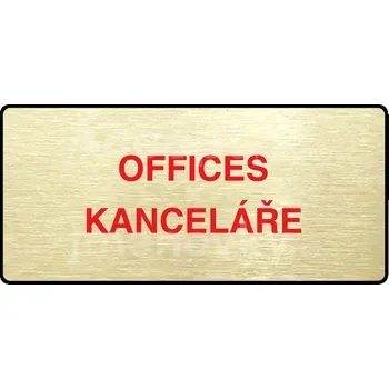Informační tabulka Zlatý&nbsp;piktogram "OFFICES - KANCELÁŘE" s červeným textem a rámečkem&nbsp;-