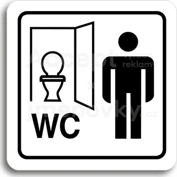 Informační tabulka Bílý piktogram "WC muži kabinka" s černým textem a rámečkem&nbsp;-