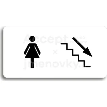 Informační tabulka Bílý piktogram "WC ŽENY VPRAVO DOLŮ" s černým textem bez rámečku&nbsp;-