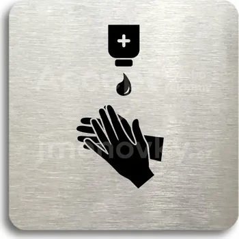 Informační tabulka Stříbrný piktogram "dezinfekce VIII" s černým textem bez rámečku - 80 x 80 mm