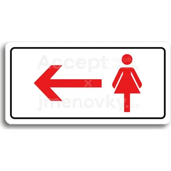 Informační tabulka Bílý piktogram "WC ŽENY VLEVO" s červeným textem a rámečkem -