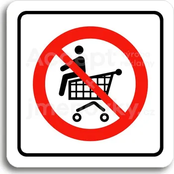 Informační tabulka Bílý piktogram "zákaz jízdy na nákupním vozíku" s červeným textem a rámečkem -