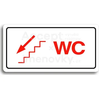 Informační tabulka Bílý piktogram "WC VLEVO DOLŮ" s červeným textem a rámečkem&nbsp;-