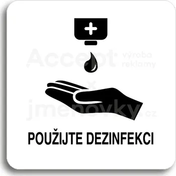 Informační tabulka Bílý piktogram "použijte dezinfekci IV" s černým textem bez rámečku&nbsp;-