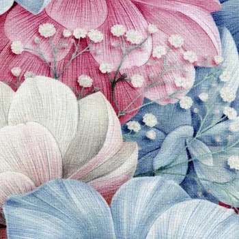 Moraviatex Jednolíc elastický bavlna/Elastan 6% digi tisk Pivoňky (modro/růžové)