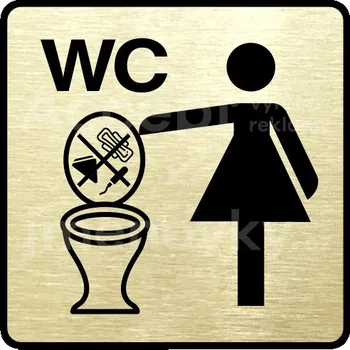 Informační tabulka Zlatý piktogram "zákaz vhazování předmětů do WC II" s černým textem a rámečkem - 80 x 80 mm