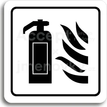 Informační tabulka Bílý piktogram "hasicí přístroj" s černým textem a rámečkem - 80 x 80 mm