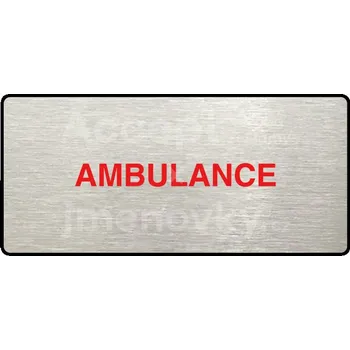 Informační tabulka Stříbrný piktogram "AMBULANCE" s červeným textem a rámečkem -