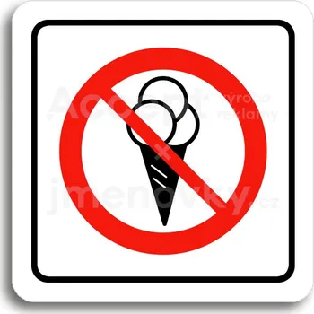 Informační tabulka Bílý piktogram "zákaz vstupu se zmrzlinou II" s červeným textem a rámečkem&nbsp;-