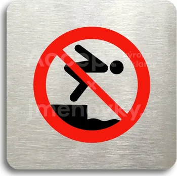 Informační tabulka Stříbrný&nbsp;piktogram "zákaz skákání do vody" s červeným textem bez rámečku&nbsp;-