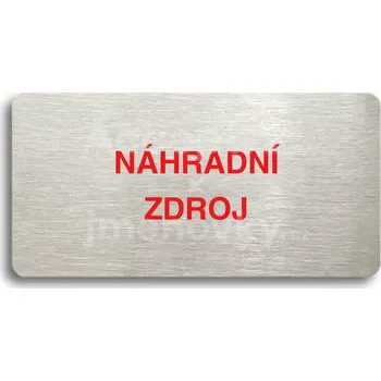 Značení Stříbrný piktogram "NÁHRADNÍ ZDROJ" s červeným textem bez rámečku -