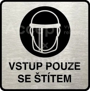Informační tabulka Stříbrný piktogram "vstup pouze se štítem IV" s černým textem a rámečkem - 80 x 80 mm