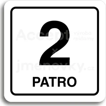 Informační tabulka Bílý piktogram "2 patro" s černým textem a rámečkem - 80 x 80 mm