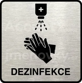 Informační tabulka Stříbrný piktogram "dezinfekce" s černým&nbsp;textem a rámečkem&nbsp;-