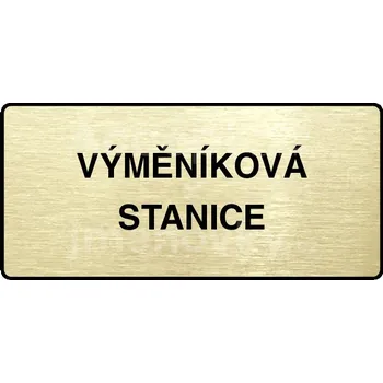 Informační tabulka Zlatý piktogram "VÝMĚNÍKOVÁ STANICE" s černým&nbsp;textem a rámečkem&nbsp;-