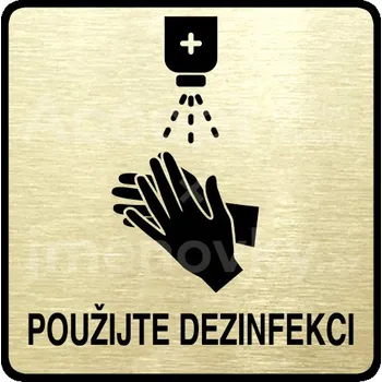 Informační tabulka Zlatý piktogram "použijte dezinfekci" s černým textem a rámečkem -