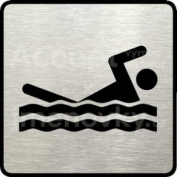 Informační tabulka Stříbrný piktogram "bazén venkovní" s černým textem a rámečkem -