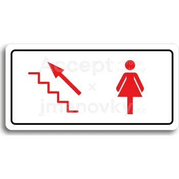 Značení Bílý piktogram "WC ŽENY VLEVO NAHORU" s červeným textem a rámečkem&nbsp;-