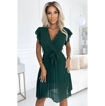 Dámské šaty Numoco basic Šifonové řasené šaty s výstřihem a volány - zelené 424-6 Barva: Zelená, Velikost: UNI