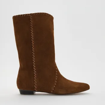 Dámské kozačky Reserved - Kožené kozačky po kolena se stehy - hnědá - 765FE-88X - 765FE-88X-40