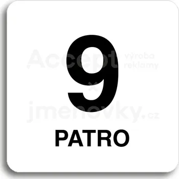 Informační tabulka Bílý piktogram "9 patro" s černým textem bez rámečku -