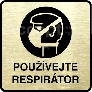 Informační tabulka Zlatý piktogram "používejte respirátor" s černým textem a rámečkem - 80 x 80 mm