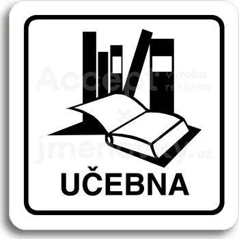Informační tabulka Bílý piktogram "učebna" s černým textem a rámečkem - 80 x 80 mm