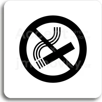 Informační tabulka Bílý piktogram "zákaz kouření" s černým textem bez rámečku -