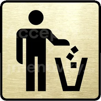 Informační tabulka Zlatý piktogram "koš na odpadky" s černým&nbsp;textem a rámečkem&nbsp;-