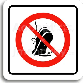 Informační tabulka Bílý piktogram "zákaz vstupu se znečištěnou obuví" s červeným textem a rámečkem&nbsp;-