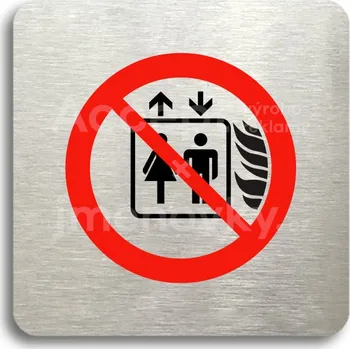 Informační tabulka Stříbrný&nbsp;piktogram "tento výtah neslouží k evakuaci osob" s červeným textem bez rámečku&nbsp;-